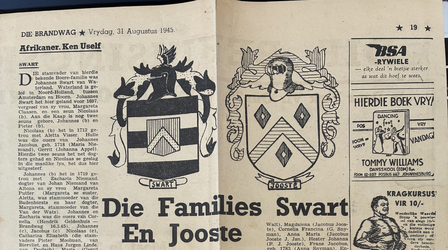Die Brandwag, 31 August 1945: the JOOSTE coat of arms printed beside the Swart arms