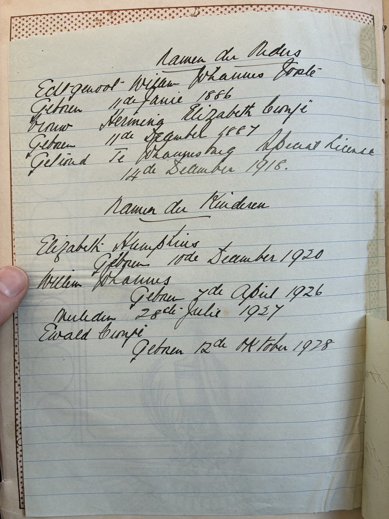 The hand-written page in the family Bible listing Willem Johannes Jooste, Hermina Elizabeth Cronje and their children