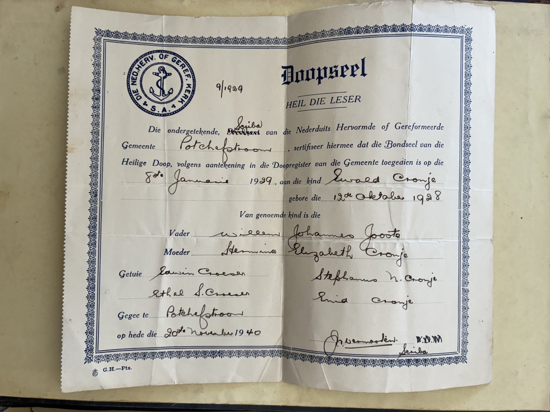 The baptism certificate of Ewald Cronje Jooste, Potchefstroom, 1929