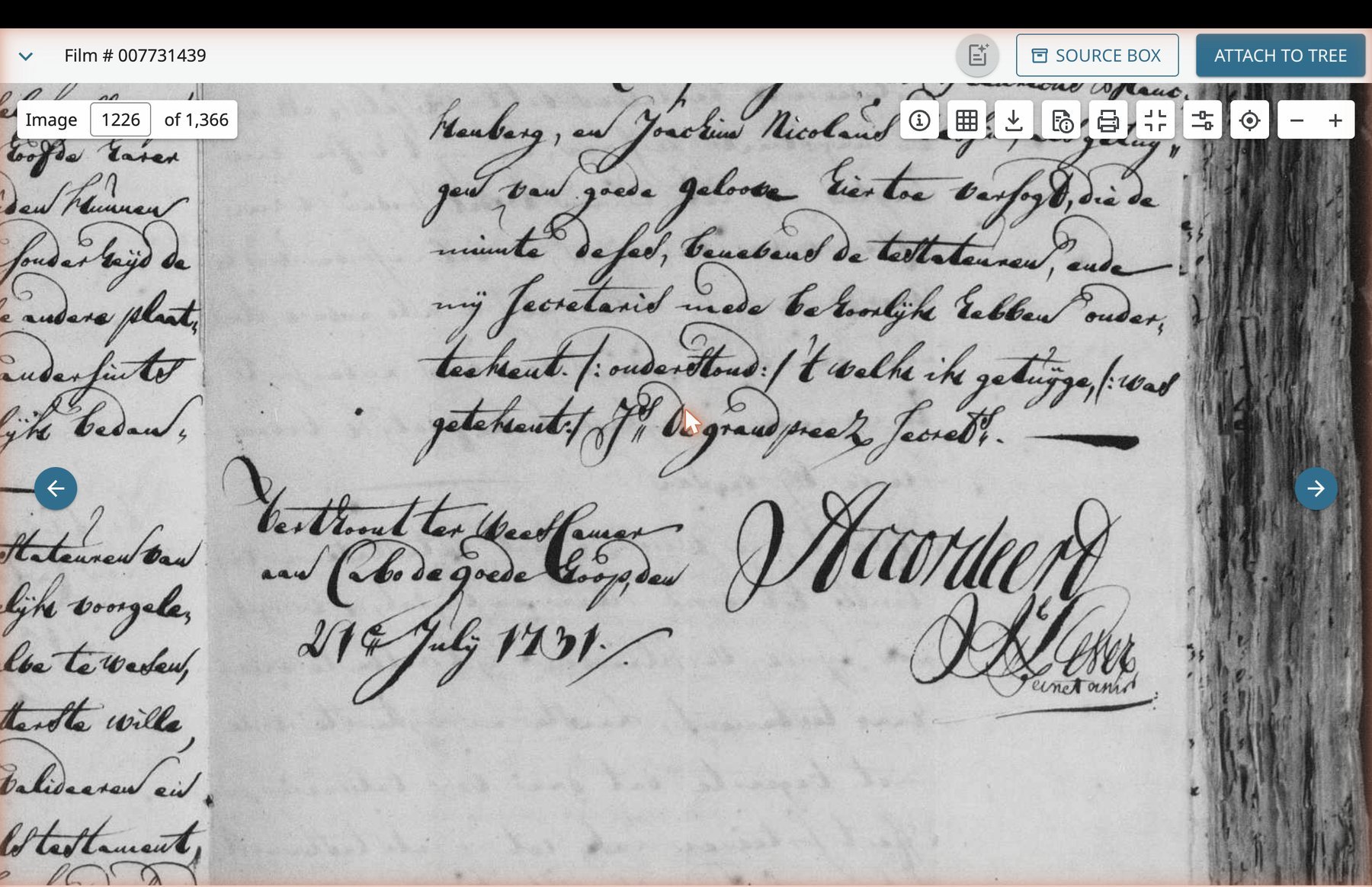 Filing certification at image 1226 — 21 July 1731 Cape of Good Hope