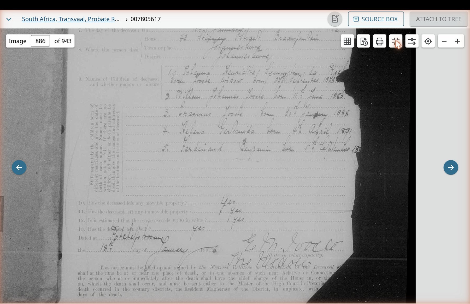 Zoomed view of the lower portion of the Death Notice, showing the children's names and birth dates, and the declarant's attestation.