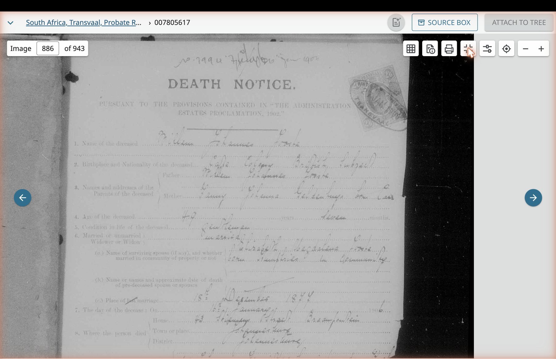 Zoomed view of the upper portion of the Death Notice form, fields 1 through 7, with handwritten responses.