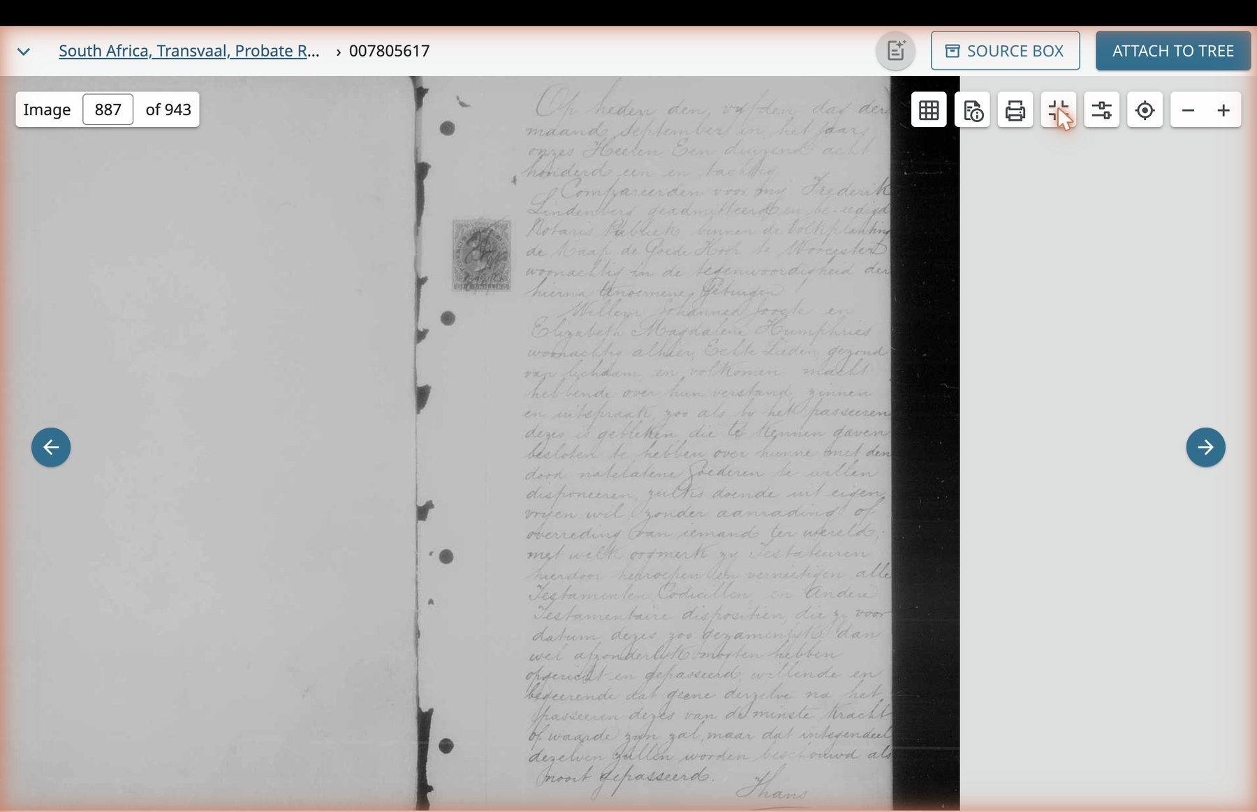 The opening folio of the joint will, with Cape revenue stamp visible at the upper right of the right-hand page.