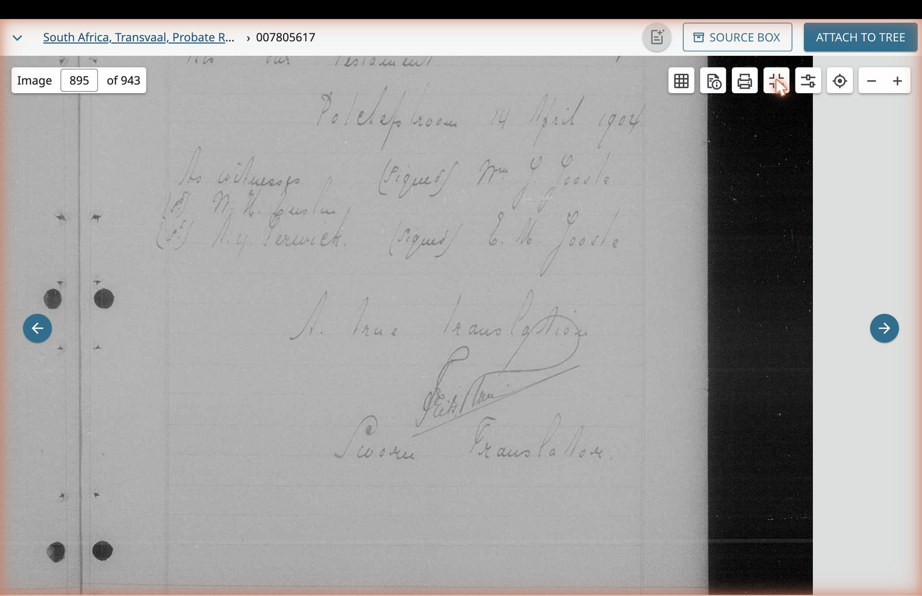 Detail of the codicil date and signatures: Potchefstroom 4 April 1894, signed by Wm. J. Jooste and E.M. Jooste, with sworn translation marking.