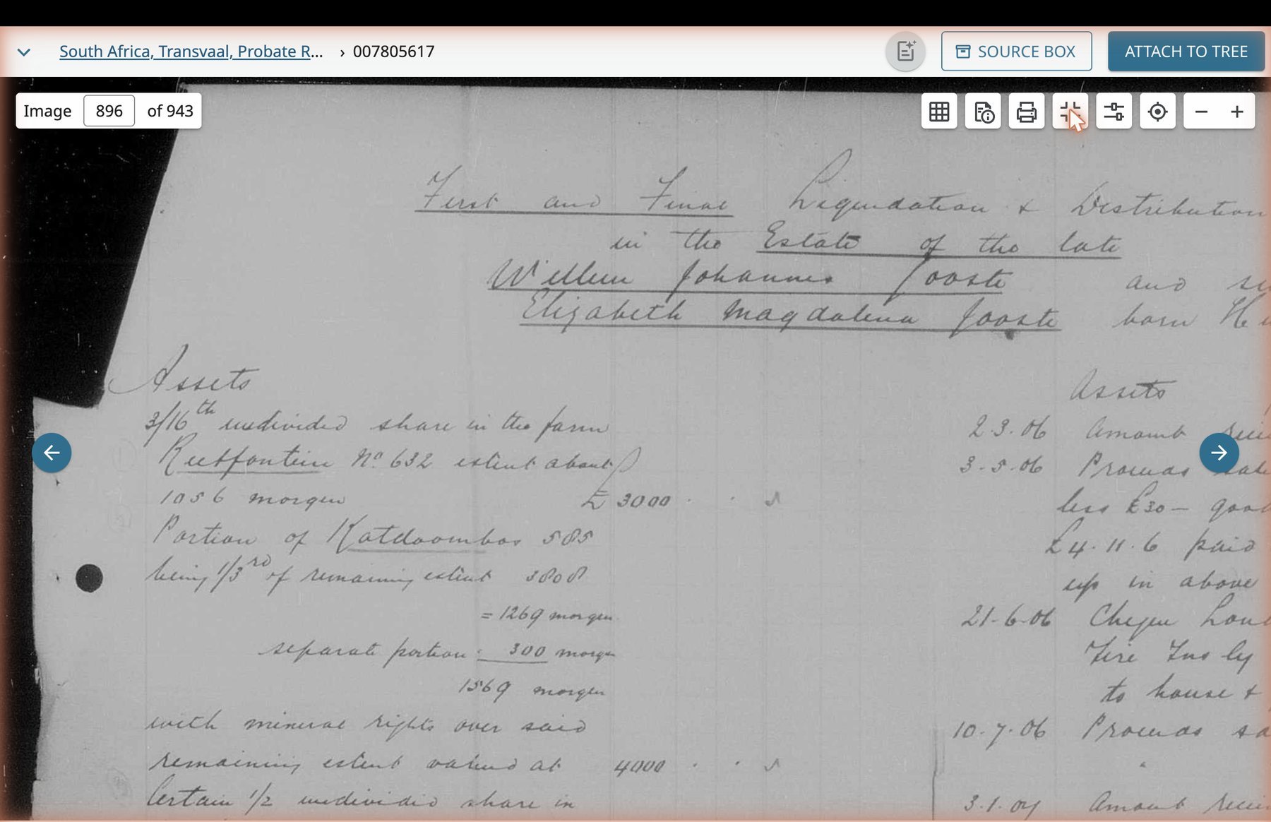 High-resolution detail of the inventory top, showing the farms Eersteproduct No. 654 and Hartebeesfontein No. 590.