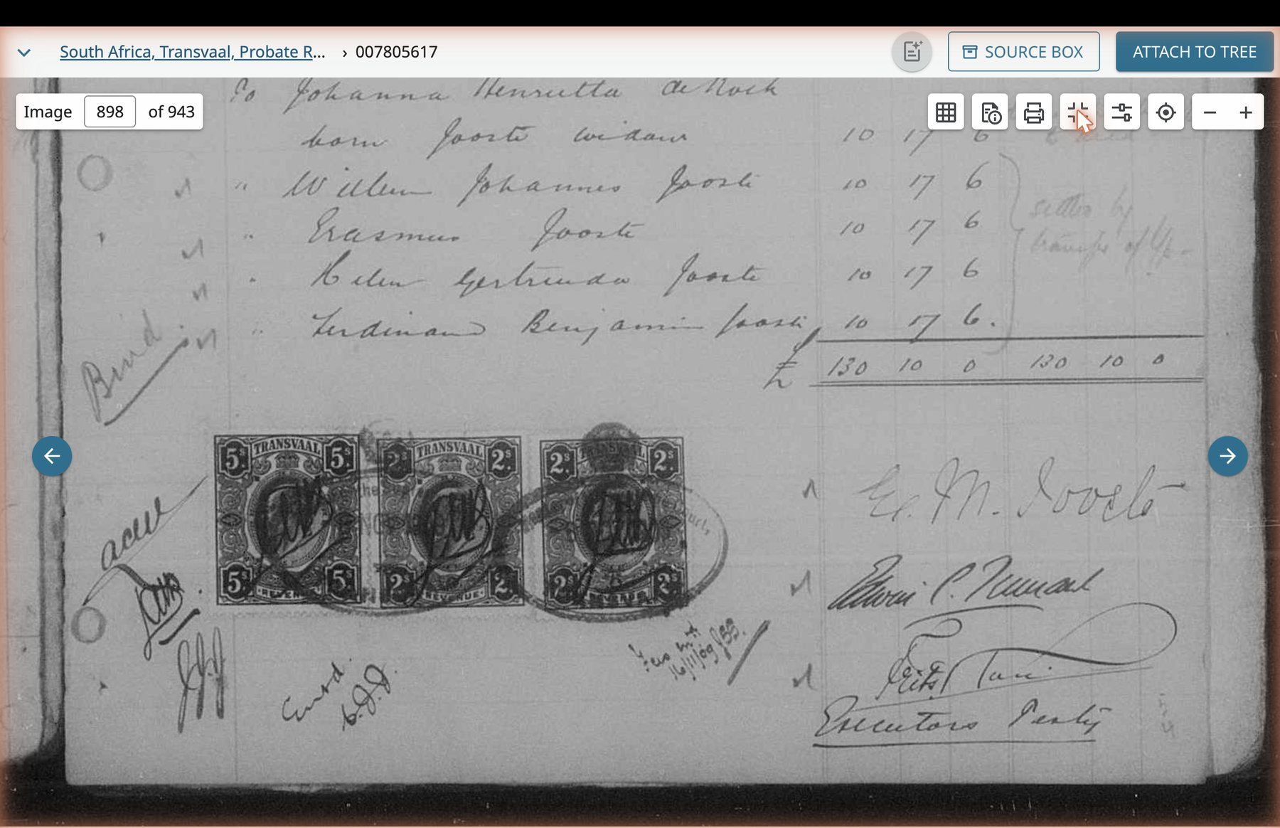 High-resolution detail of the signatures and revenue stamps at the foot of the supplementary account.