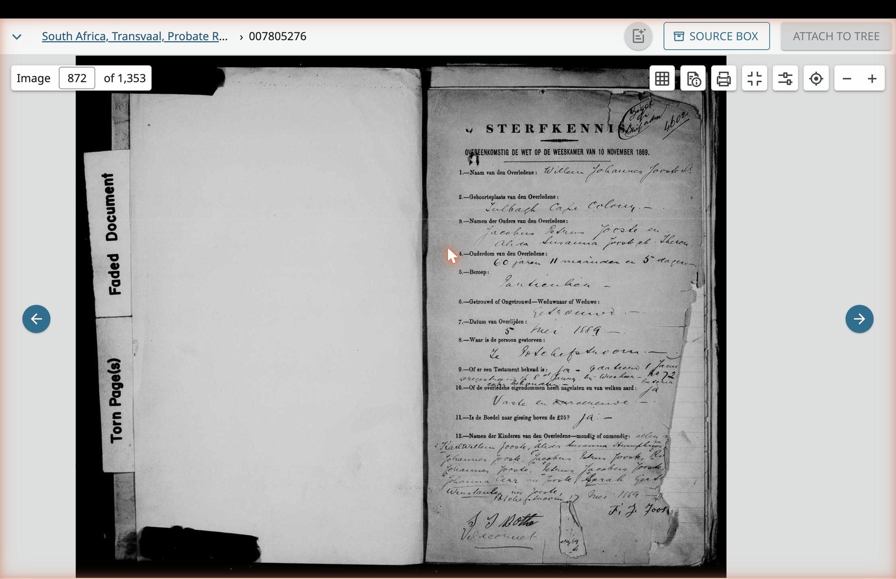 The Sterfkennisgewing for Willem Johannes Jooste Sr, image 872 of the file. The printed Death Notice form completed two days after the deceased's death by his widow Frances Johanna Carr.