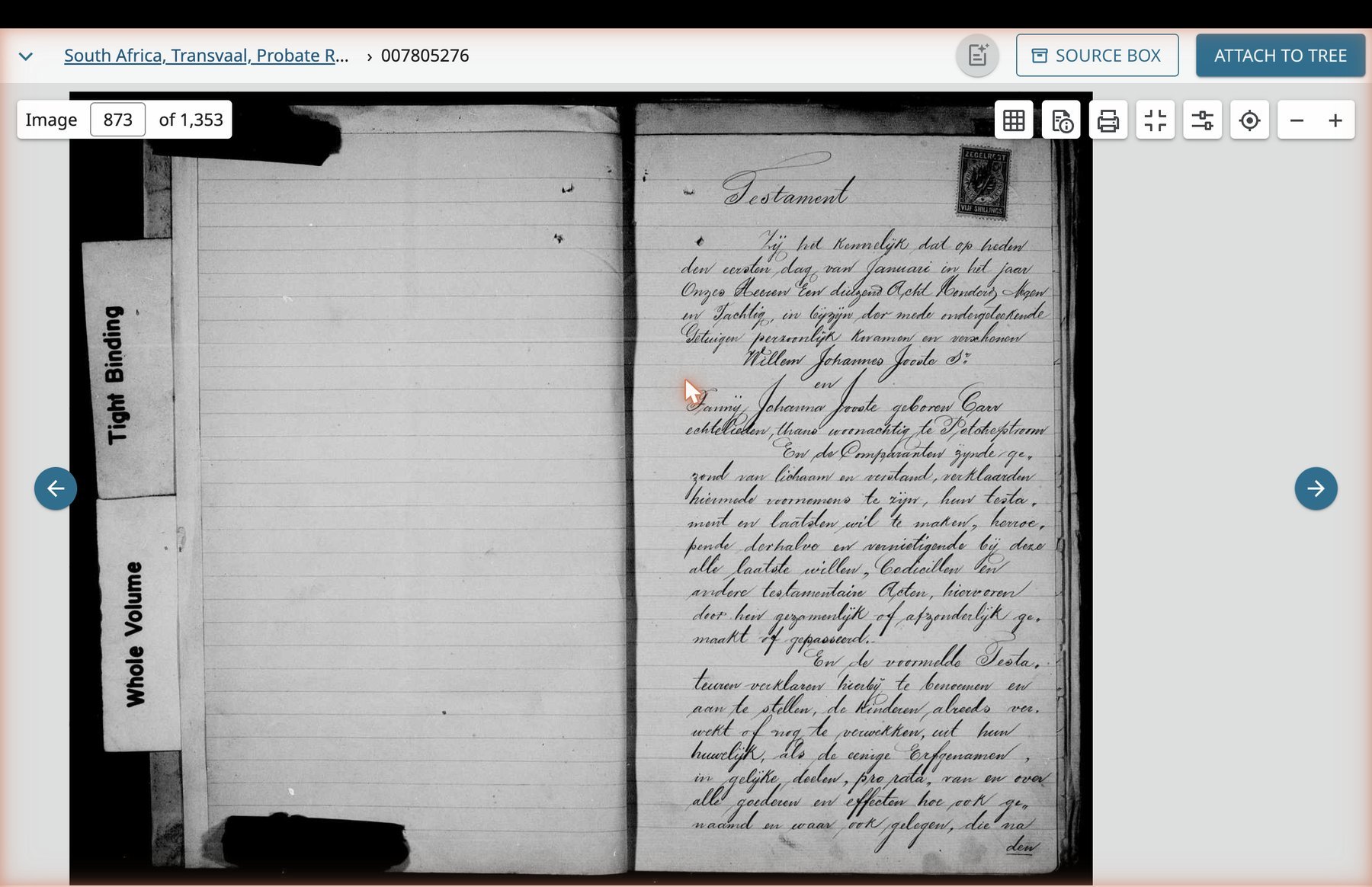 The Testament opening, image 873. The handwritten Joint Will of Willem Johannes Joost Sr and Fanny Johanna Joost geb. Carr, executed at Worcester, Cape of Good Hope, on 1 January 1889 — five months before G5's death.