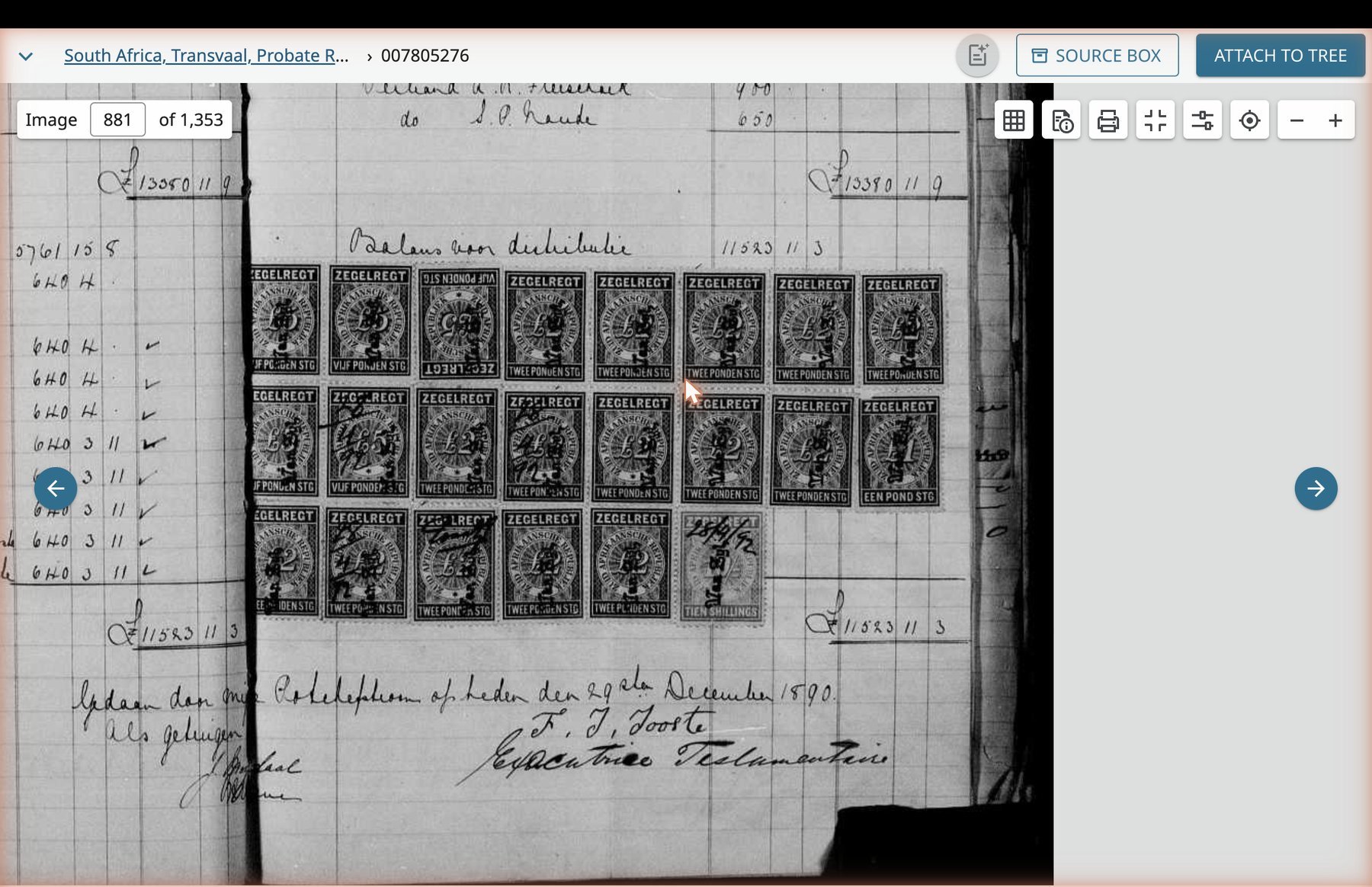 The Final L&D Account closing page, image 881. Revenue stamps from the Z.A. Republiek mark the final Balans voor distribusie at £11,583 11s 3d.