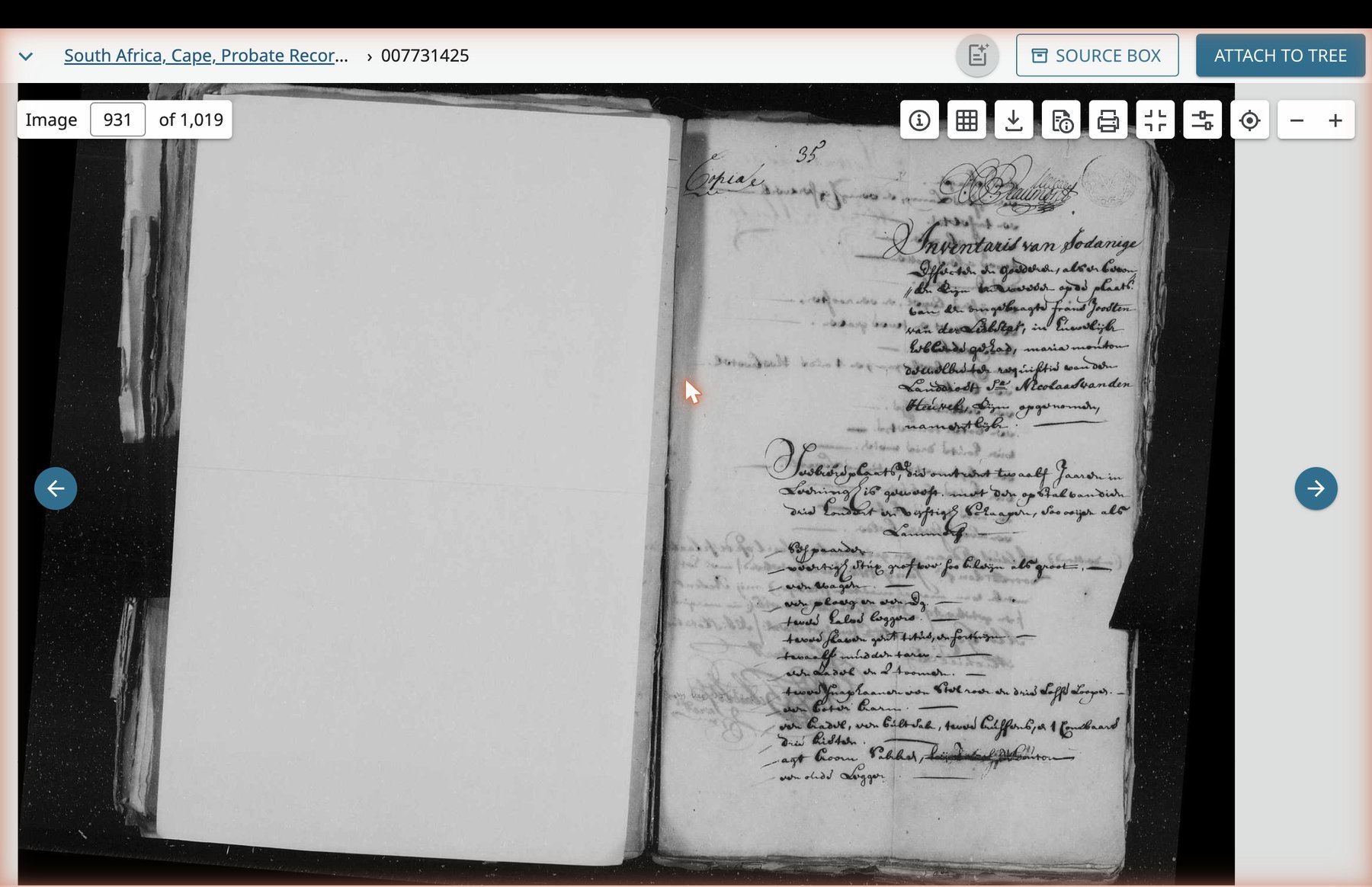 Image 931 full spread — left page blank verso, right page Frans Joosten inventory opening